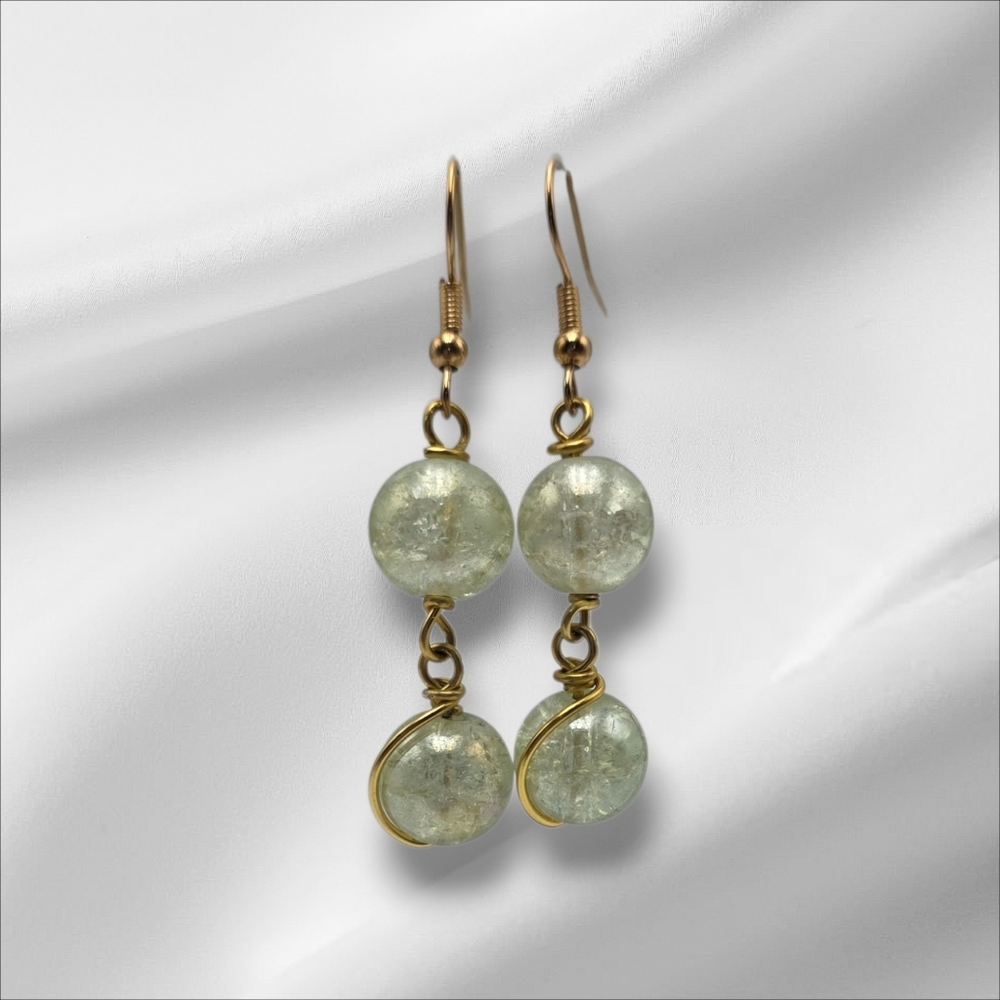 Handmade Light Green Dangle Earrings | Sparkling Beaded Drop Jewelry - Picture 2 of 5